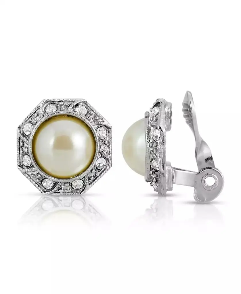 2028 Gold Tone Imitation Pearl Crystal Round Button Clip Earring