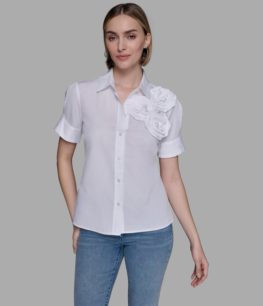 Karl Lagerfeld Paris SHORT SLEEVE POPLIN SHIRT WITH FLORAL APPLIQUÉ