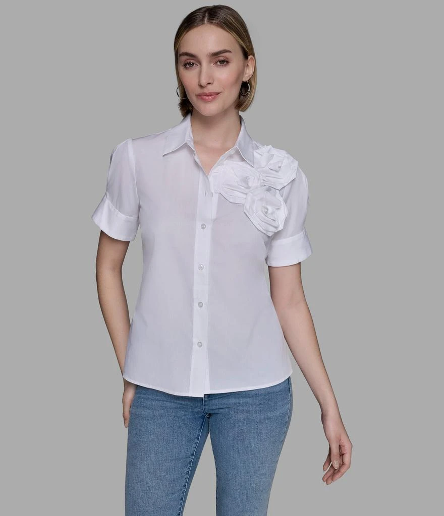 Karl Lagerfeld Paris SHORT SLEEVE POPLIN SHIRT WITH FLORAL APPLIQUÉ 1