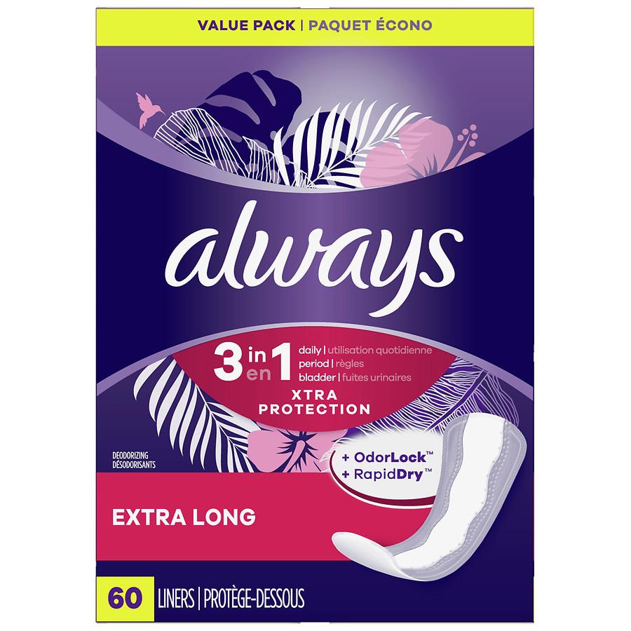 Always Xtra Protection 3-in-1 Daily Liners for Women Scented, Extra Long Length (60 ct)