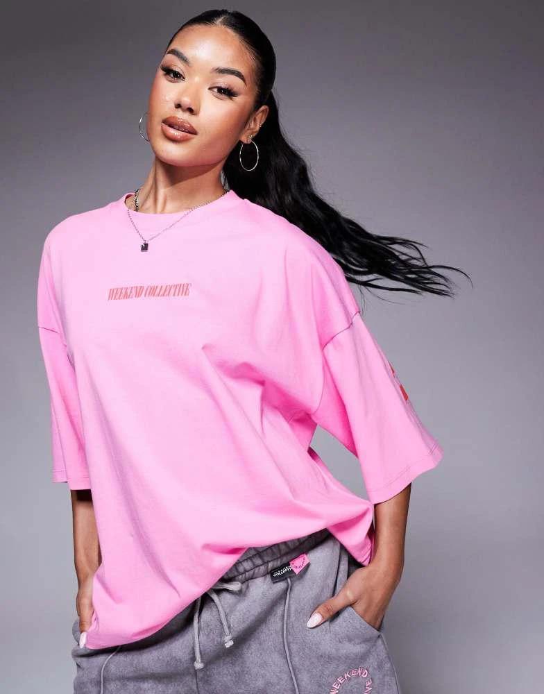 ASOS Weekend Collective Weekend Collective Icon oversized t-shirt with stacked back logo in pink and red 2