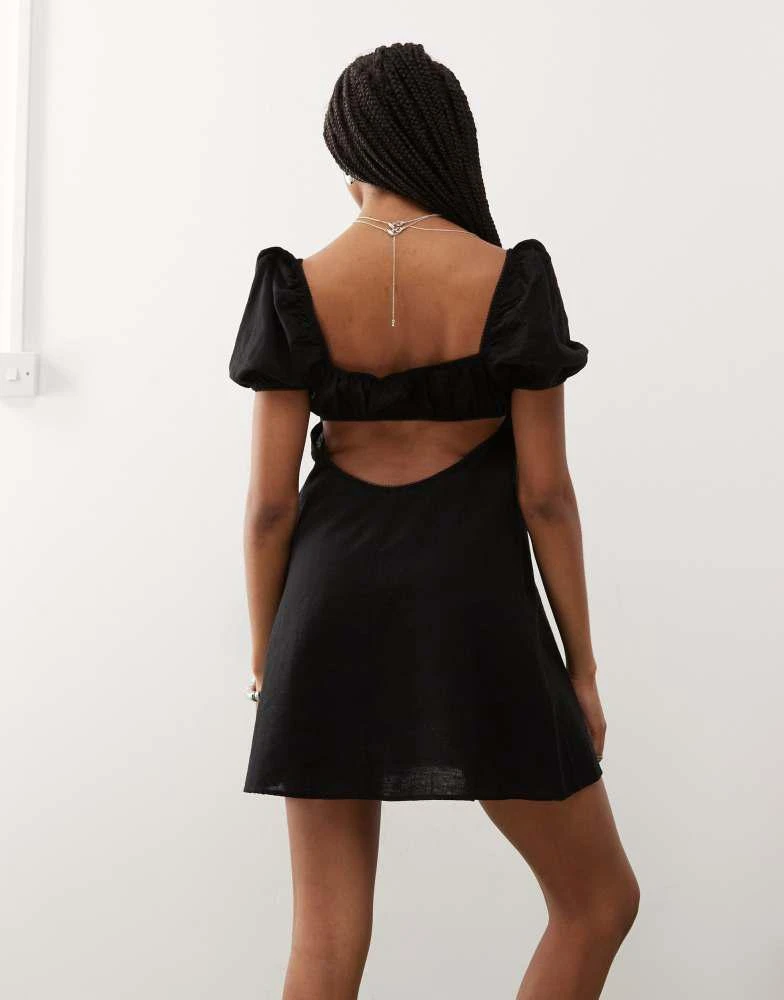 Monki Monki linen mini dress with puff sleeves in black exclusive to ASOS 4
