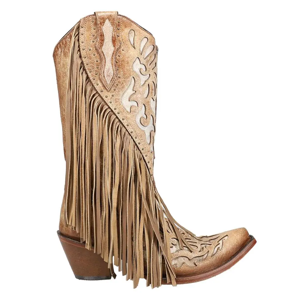 Corral Boots Lamb Studded Embroidered Fringe Snip Toe Pull On Cowboy Boots
