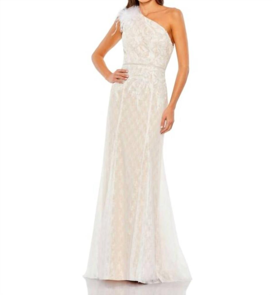 Mac Duggal Feather One Shoulder Lace Dress Formal Gown In Ivory