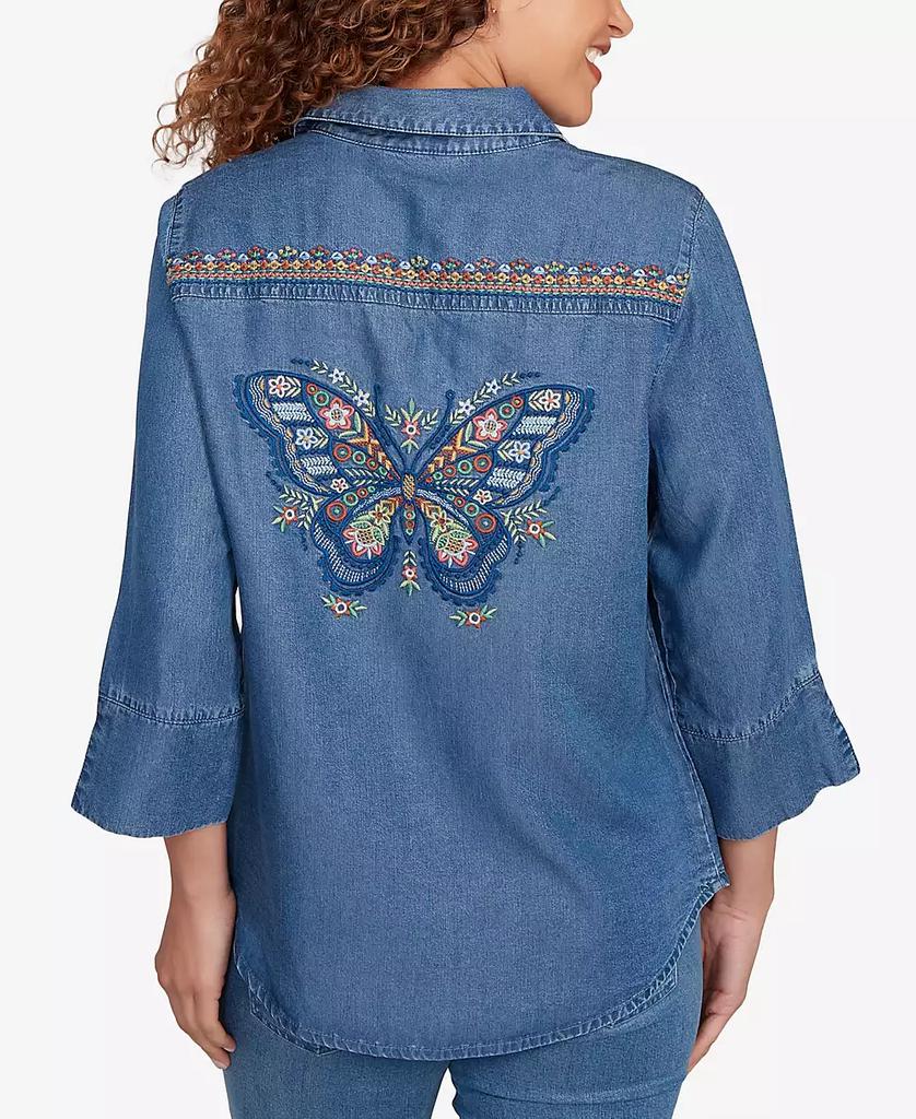 Alfred Dunner Women's El Paso Embroidered Butterfly Button Front Top