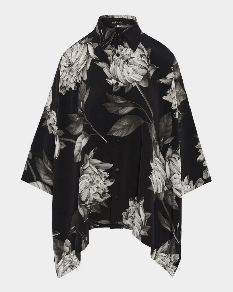 Eskandar Large Peony Silk Print Short-Sleeve Shirt With Collar (Mid Plus Length) 1