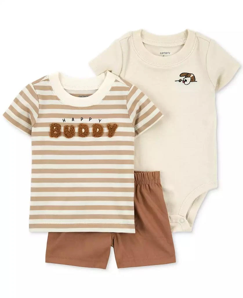 Carter's Baby Boys Happy Buddy Striped T-Shirt, Bodysuit & Shorts, 3 Piece Set 1