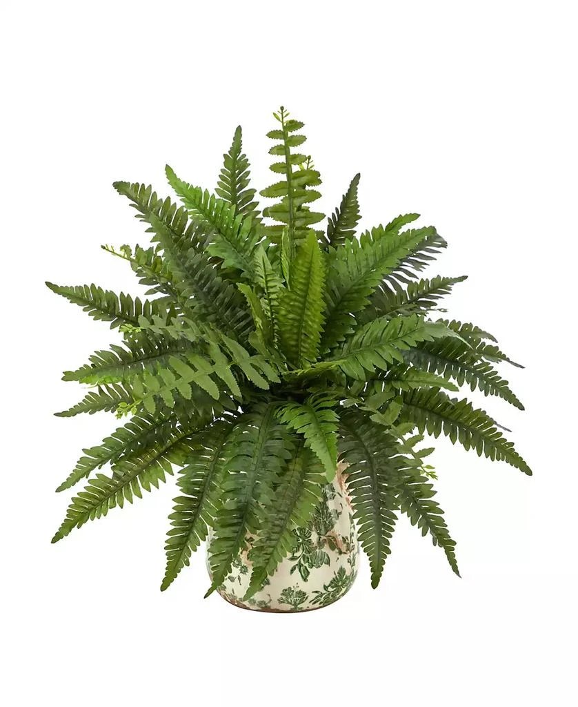 NEARLY NATURAL 15" Boston Fern Artificial Plant with Tuscan Ceramic Scroll Planter