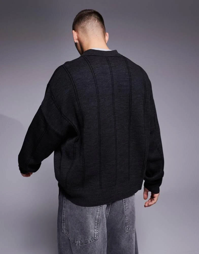 ASOS ASOS DESIGN oversized boxy fit knitted polo jumper with stripe in charcoal marl 4