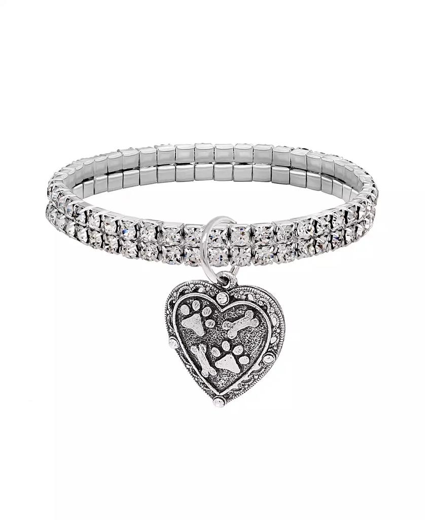 2028 Silver-Tone Two Row Crystal Stretch Bracelet with Paw and Bones Heart Charm