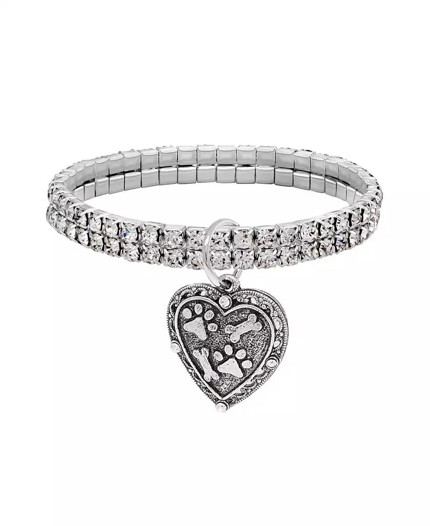 2028 Silver-Tone Two Row Crystal Stretch Bracelet with Paw and Bones Heart Charm 1