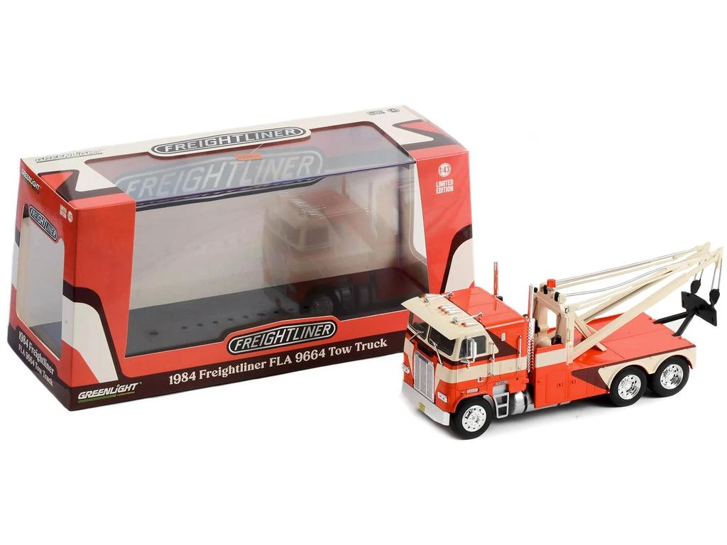 Diecast Model Greenlight 1984 Freightliner FLA 9664 Tow Truck Orange and White with Brown Graphics 1/43 Diecast Model Car by Greenlight 1