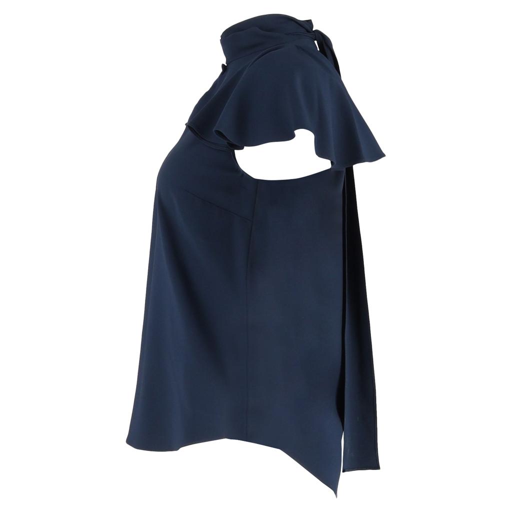 Oscar de la Renta Flutter Sleeve Blouse in Navy Blue Silk