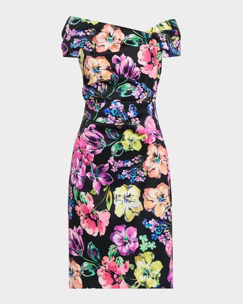 Teri Jon Pleated Floral-Print Stretch Gazar Dress
