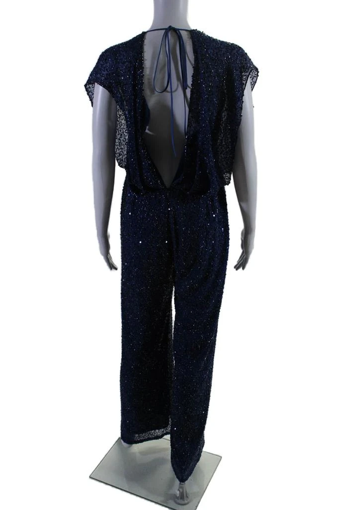 Jenny Packham Womens Silk Embroidered Sequined Ruched Jumpsuit Blue 3
