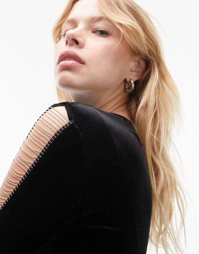 Topshop Topshop long sleeve velvet mini dress with metallic chain trim 4
