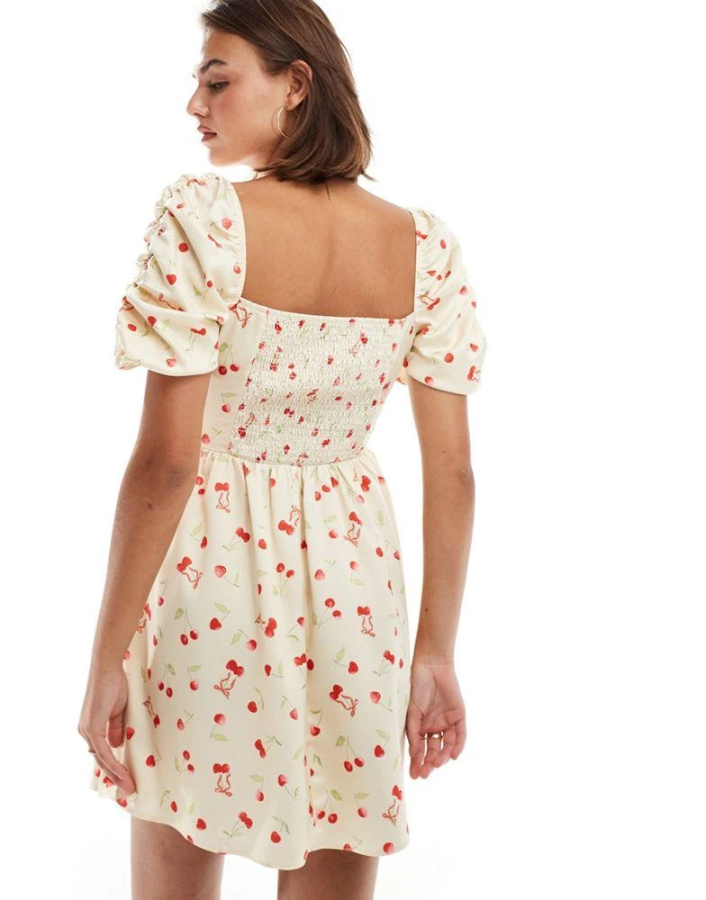 Miss Selfridge Miss Selfridge satin corset puff sleeve mini dress in cherry print 4