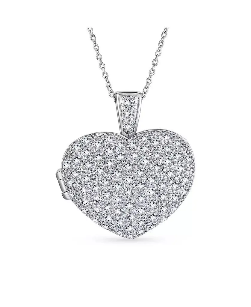 Bling Jewelry Keepsake Pave CZ Aromatherapy and Photo Large Puff Heart Shape Locket Pendant Necklace Sterling Silver