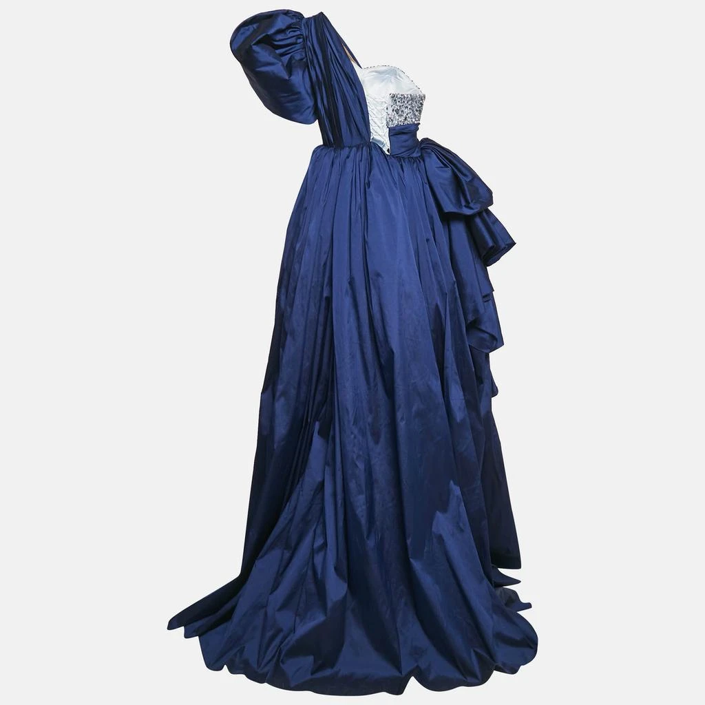 Amelie Baku Amelie Baku Blue Sequin Embellished Satin Draped One Shoulder Gown S 2