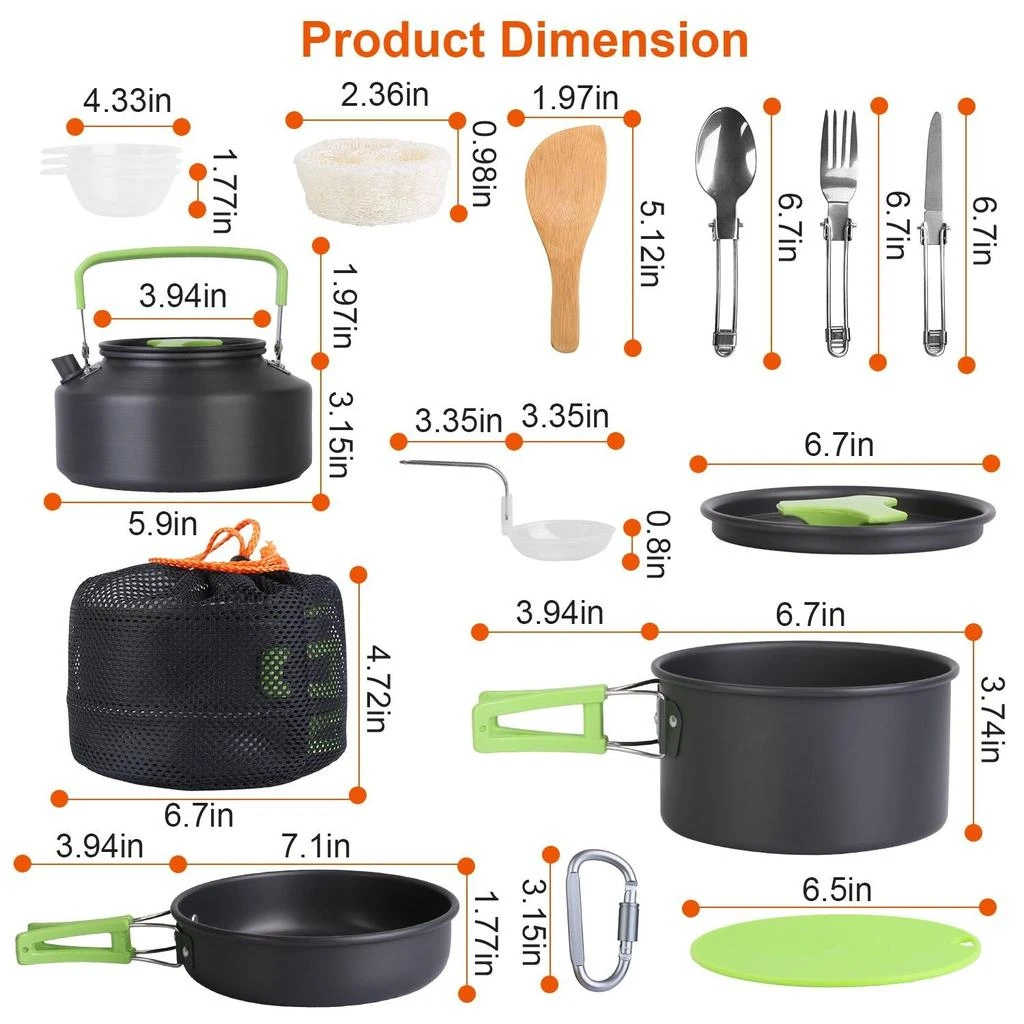 OUTVEKTOR 16Pcs Camping Cooking Ware Set Camping Stove Cookware Kit Aluminum Pot Pan Kettle Set with Bowls Knife Fork Spoon Carabiner Spatula Cutting Board for Hiking Picnic Outdoor 2