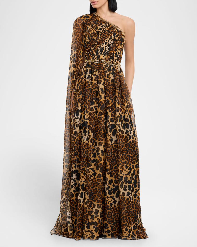 Pamella Roland Leopard Chiffon Cape-Sleeve One-Shoulder Gown With Embroidered Belt