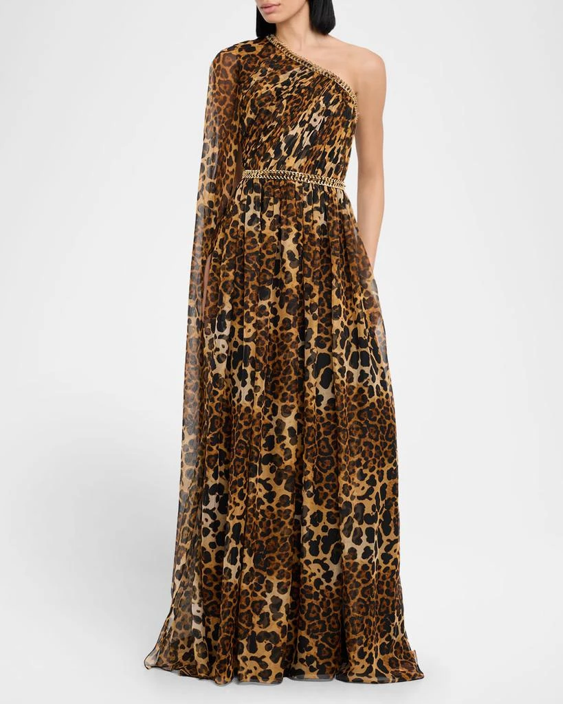 Pamella Roland Leopard Chiffon Cape-Sleeve One-Shoulder Gown With Embroidered Belt 2