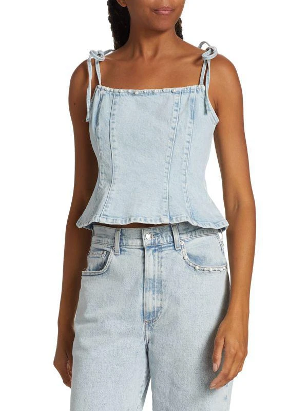 Le Jean Willa Embellished Denim Peplum Top 1