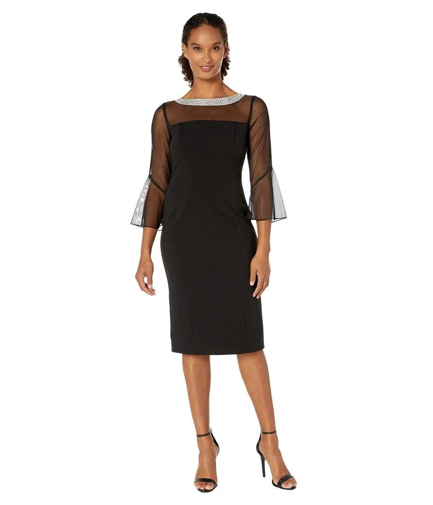 Alex Evenings Short Shift Dress with Beaded Illusion Neckline and Bell Sleeves 1