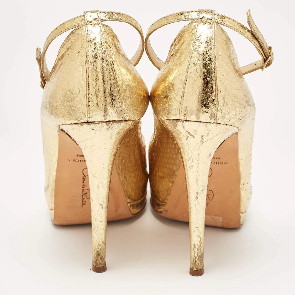 Oscar de la Renta Oscar de la Renta Metallic Gold Python Embossed Peep Toe Ankle Strap Pumps Size 37.5 5