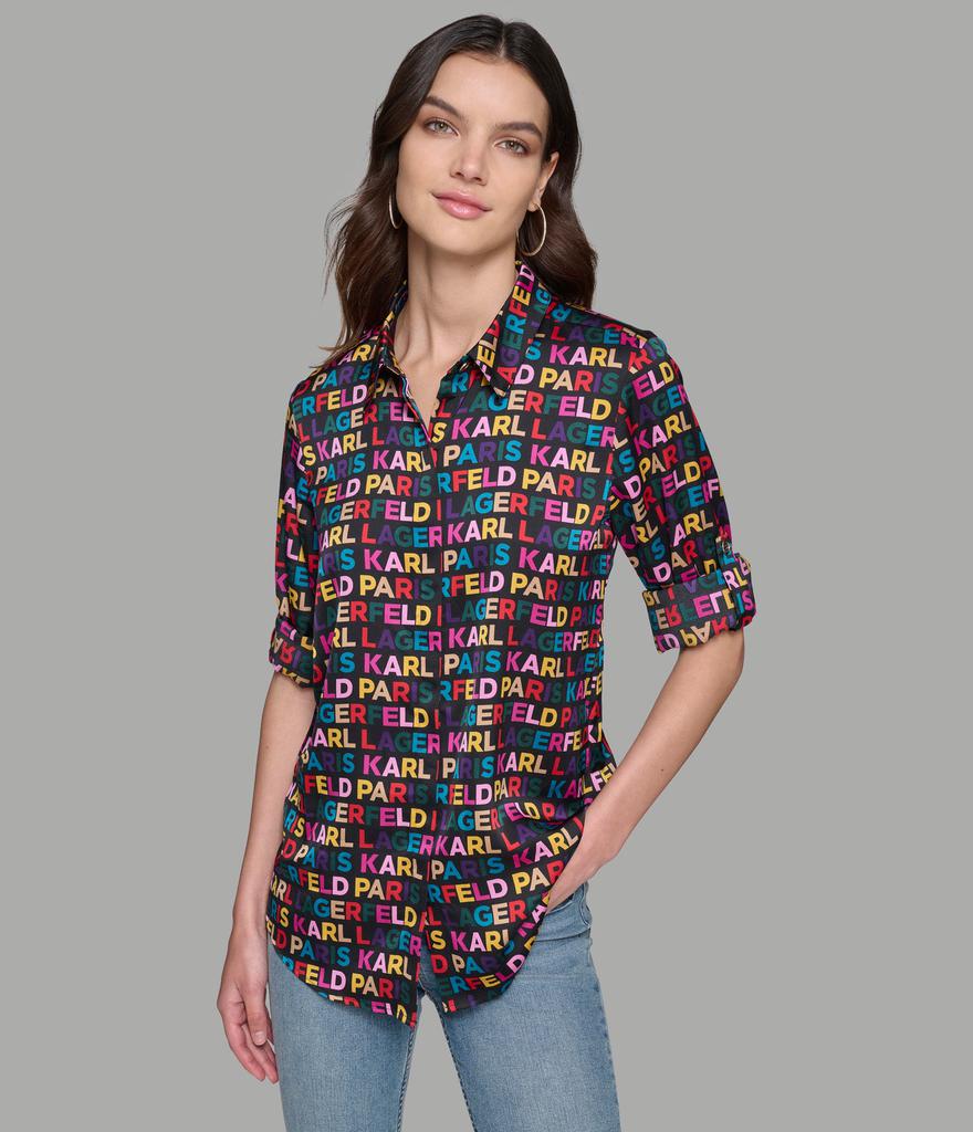 Karl Lagerfeld Paris LOGO BUTTON FRONT BLOUSE - BeyondStyle