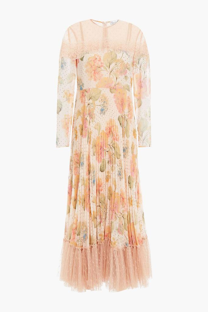 RED Valentino Pleated floral-print georgette, lace and point d'esprit midi dress