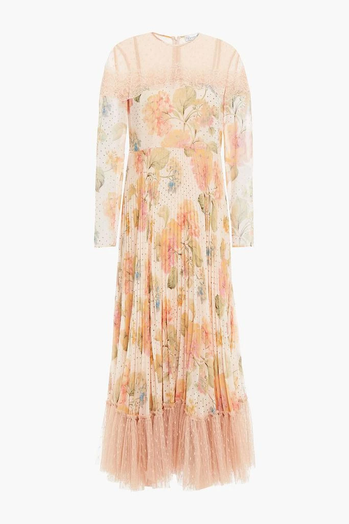 REDVALENTINO Pleated floral-print georgette, lace and point d'esprit midi dress 1