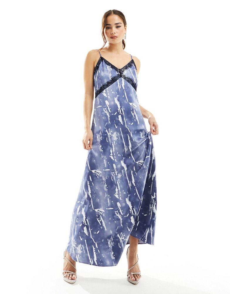 Vero Moda Vero Moda satin maxi slip dress with lace trim in blue crinkle print