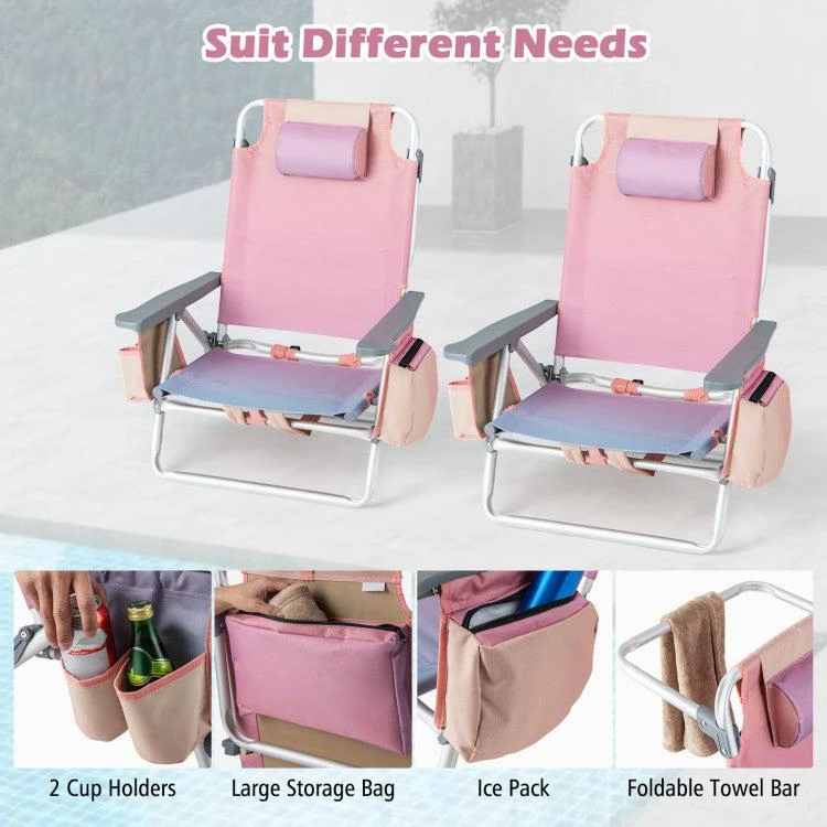 Hivvago 2 Pieces Folding Backpack Beach Chair with Pillow-Pink 3