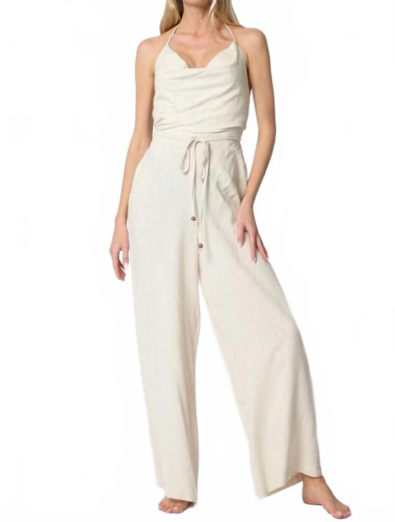 Aakaa Iris Cowl Tie Back Neck Backless Belted Jumpsuit In Cream