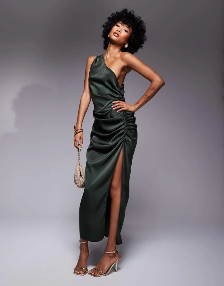 ASOS DESIGN one shoulder satin ruched side midi dress in dark green  On  Sale Now with Up to 10% Off | Discover Exclusive Deals & Savings at  BeyondStyle  Authentic ASOS
