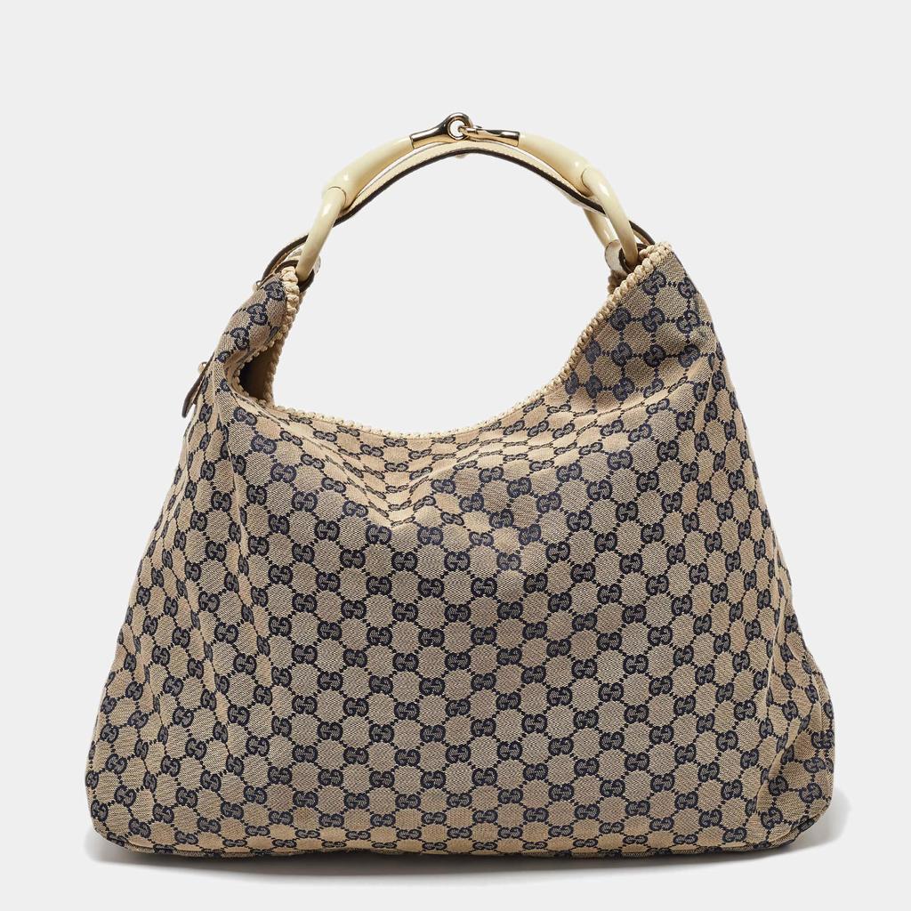 Gucci Gucci Off White/Navy Blue GG Canvas and Leather Large Horsebit Hobo