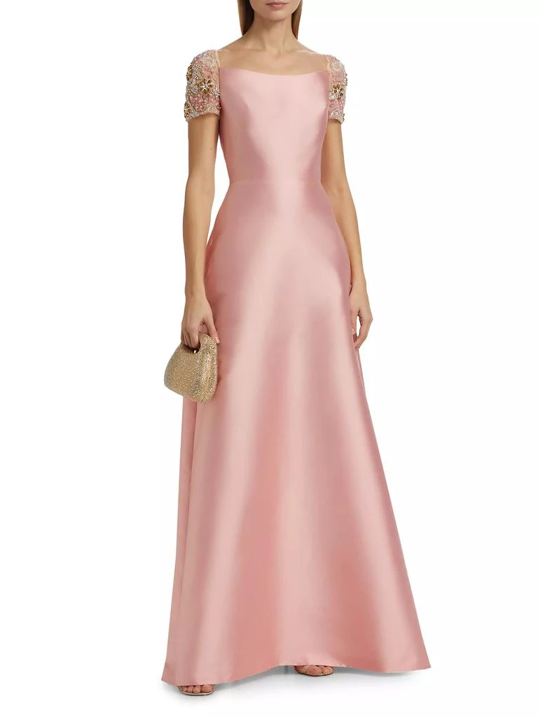 REEM ACRA Embellished-Sleeve Satin A-Line Gown 3