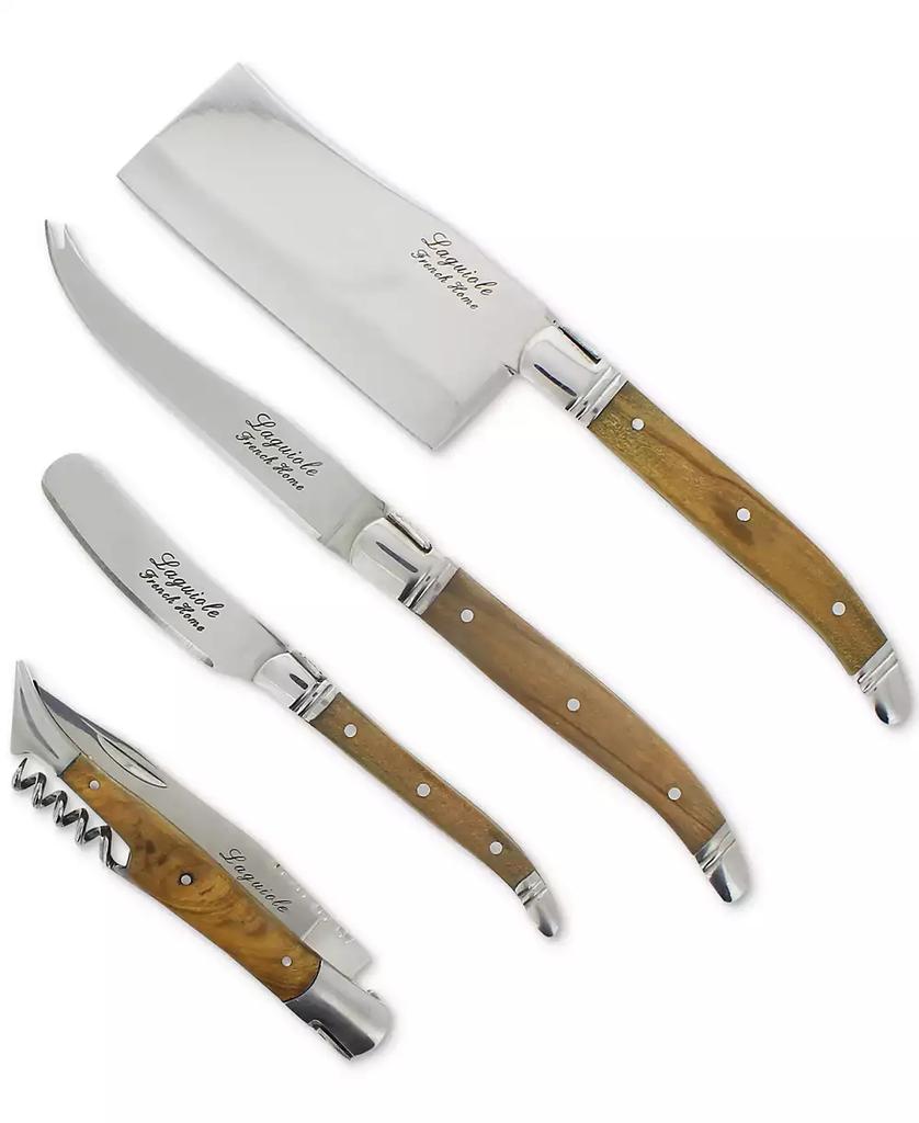 French Home Laguiole Connoisseur Olive Wood Cheese Knife and Wine Opener Set, 4 Piece.