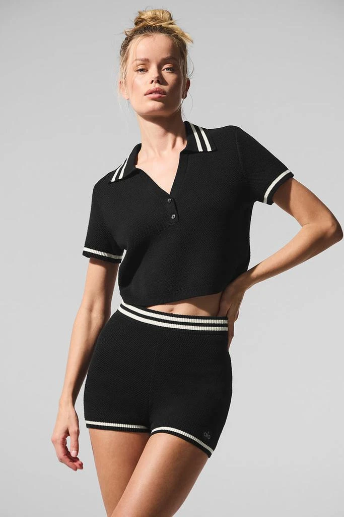 Alo Tennis Club Sweater Knit Cropped Polo - Seashell Blue/White 1