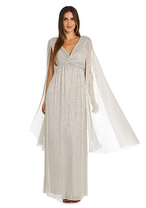 R & M Richards M Richards Long Crinkle Pleated Goddess Dress With Split Long Cape Sleeves And Empire Waist With Rhinestone Trim 2