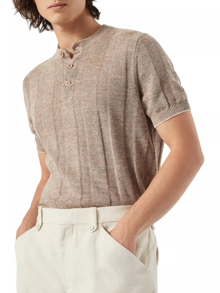Brunello Cucinelli Linen and Cotton Textured Rib Knit T-Shirt with Henley Collar 5