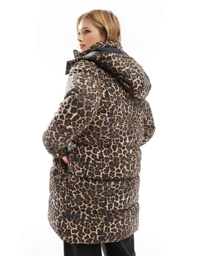 Threadbare Threadbare mid length puffer coat in leopard print 2