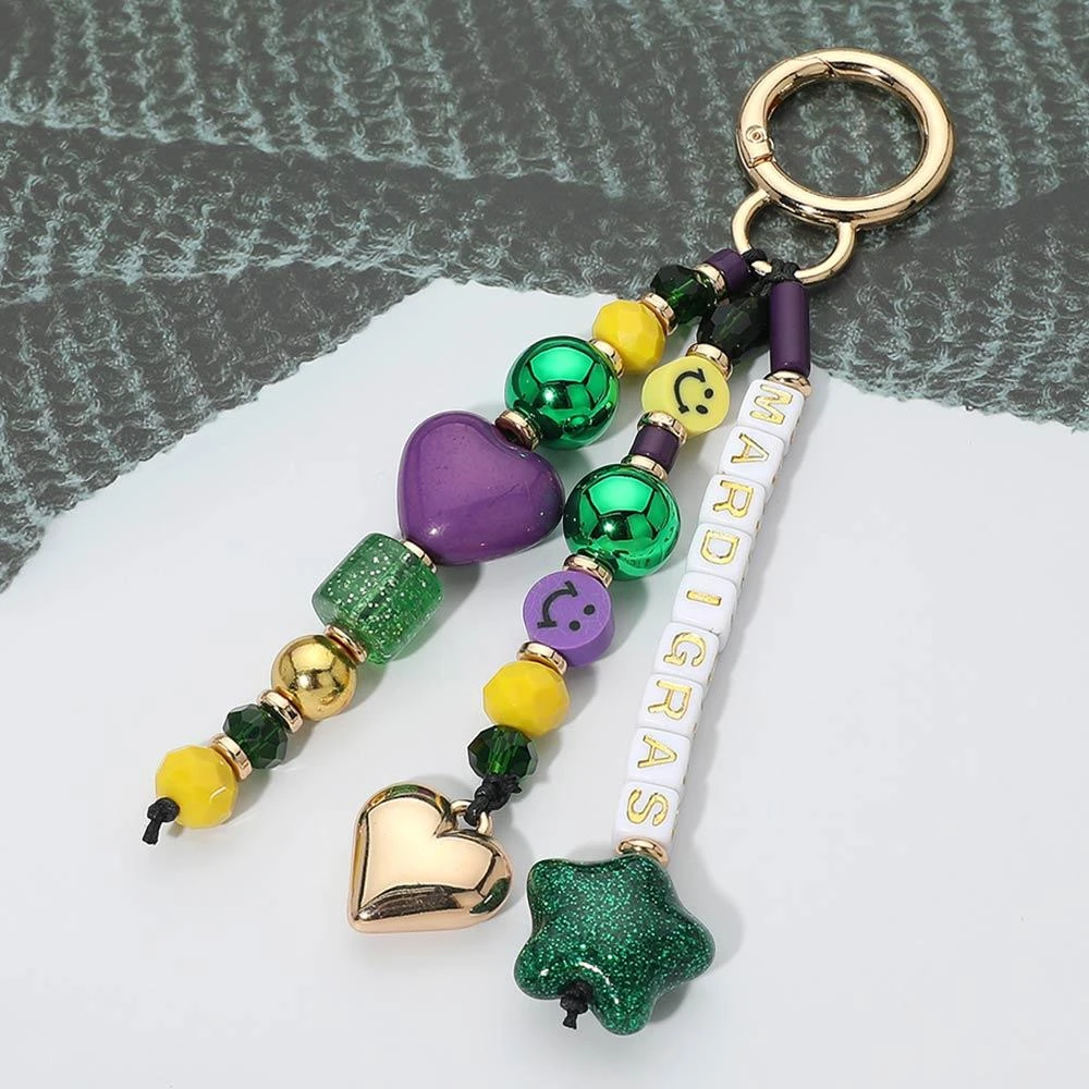 FASHNZFAB Mardi Gras Heart Star Charm Beaded Drop Keychain Bag Charm