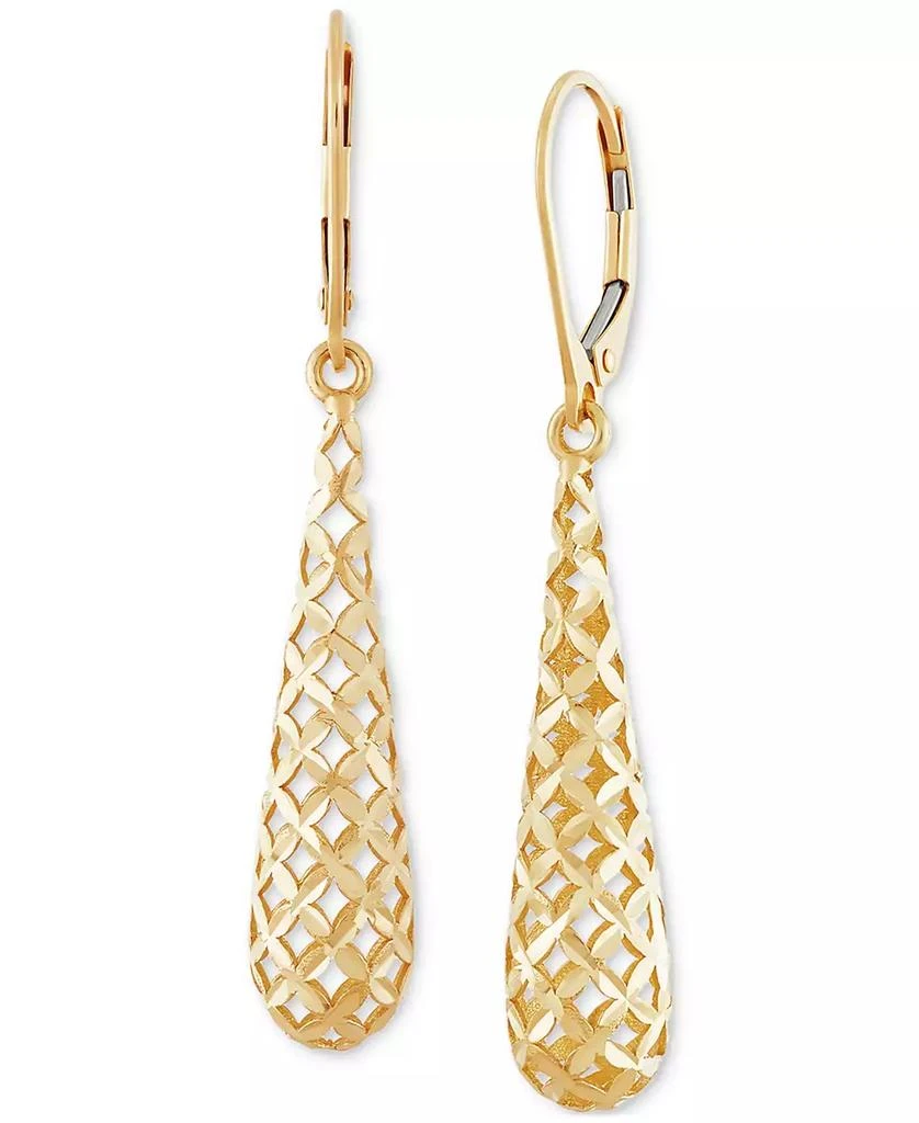 Italian Gold Lattice Work Elongated Teardrop Leverback Drop Earrings in 10k Gold 4