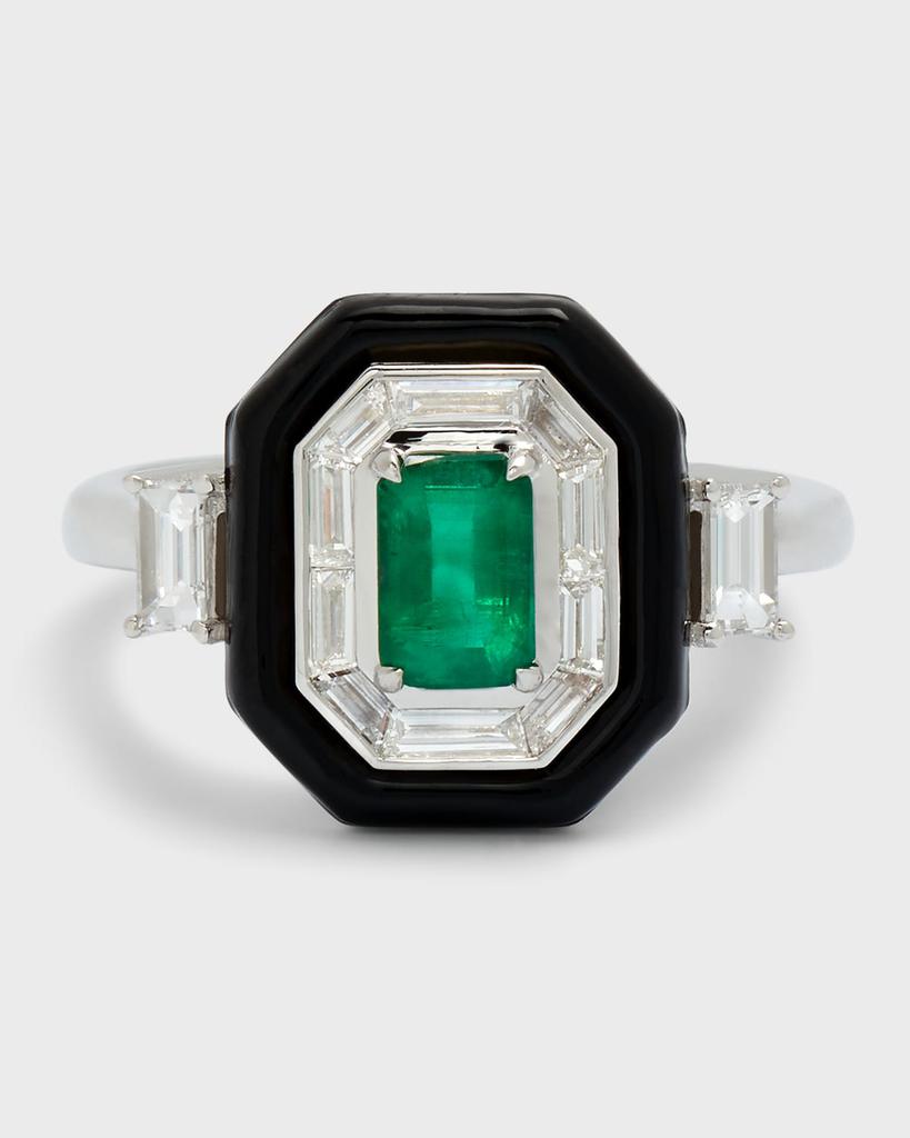 Nikos Koulis Oui 18k White Gold Black Enamel, Emerald and Diamond Ring