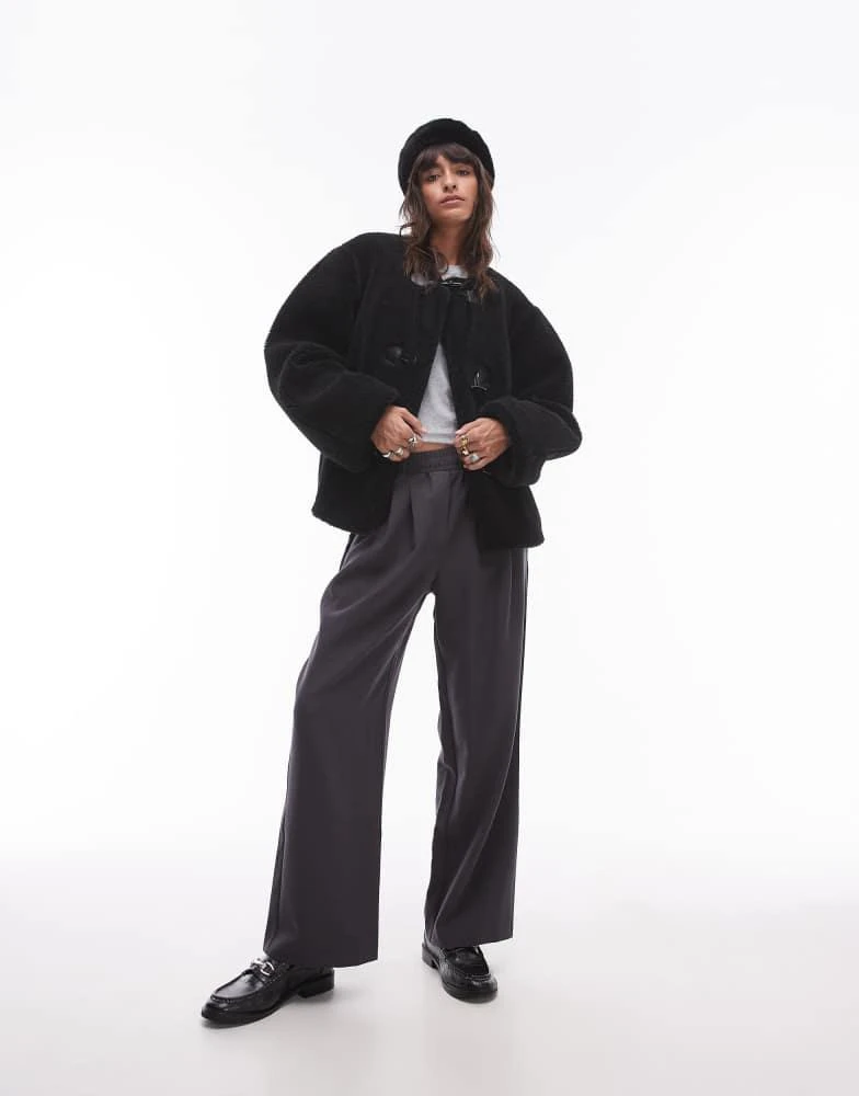 Topshop Topshop toggle short collarless borg coat in black 3