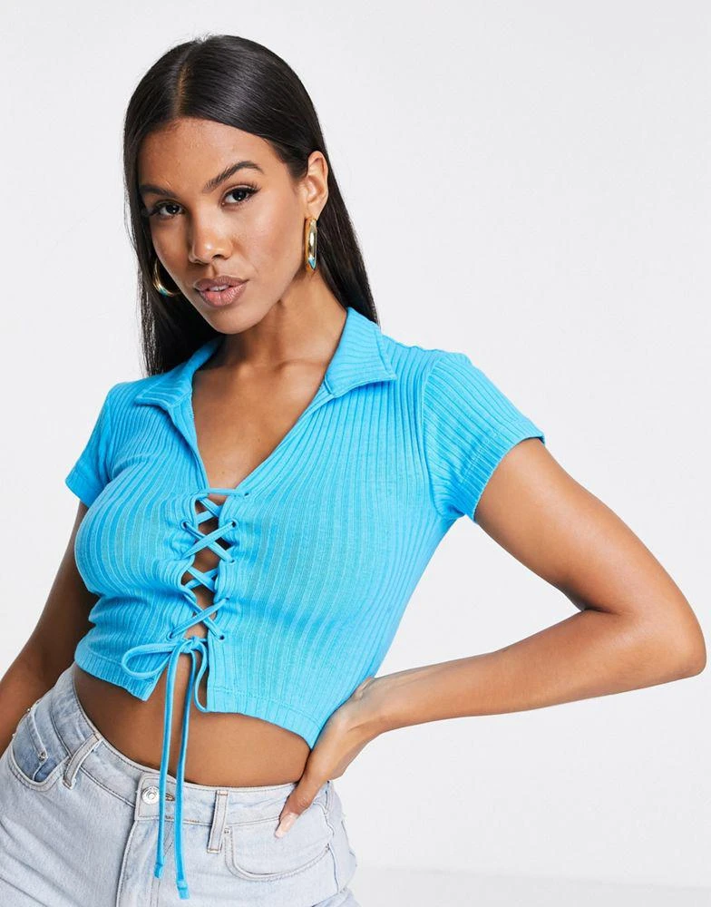 AsYou ASYOU lace up rib polo top in aqua 3