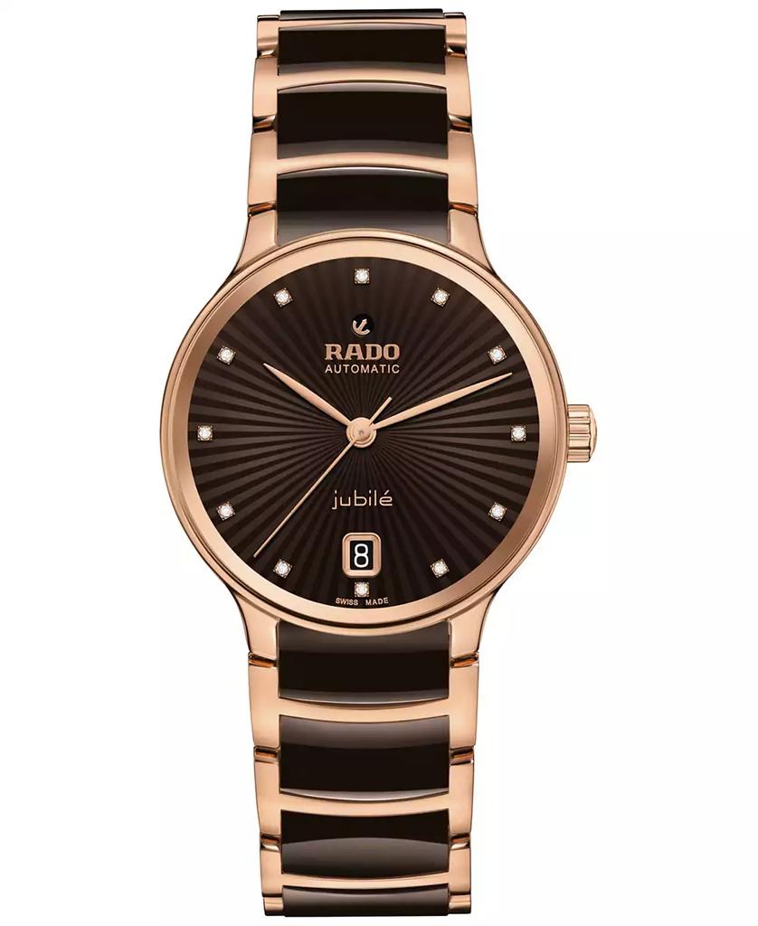 Rado Women's Swiss Automatic Centrix Diamond Accent Brown Ceramic & Rose Gold PVD Stainless Steel Bracelet Watch 35mm