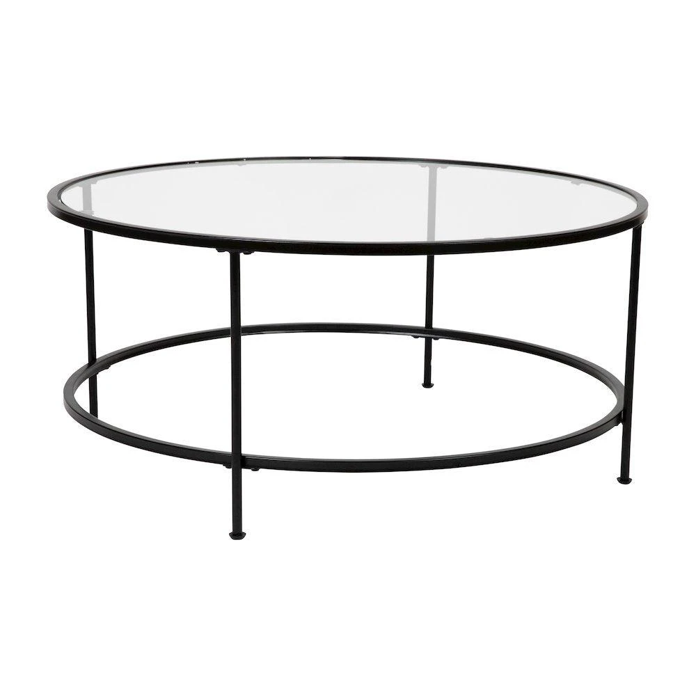 Flash Furniture Round Coffee Table - Modern Clear Glass Coffee Table with Matte Black Frame